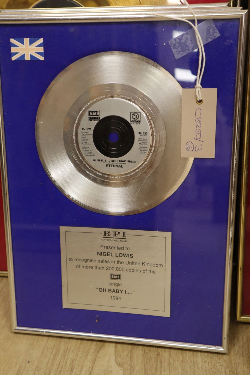 Sixteen various record presentation frames including Nigel Lovis, gold discs etc (16)